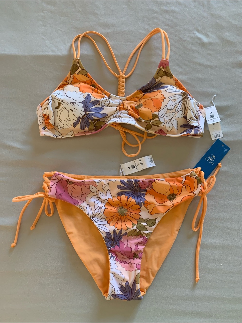 Cupshe Orange Floral Tie-Side Bikini Set